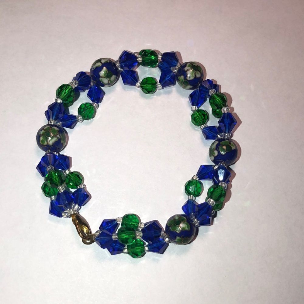 Vintage Handmade Beaded Royal Blue Green White Hand-painted Lampwork Bracelet